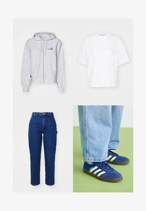 Lys grå zip-up hættetrøje lavet af blødt stof, med en afslappet pasform, forlommer og et lille broderet logo på venstre bryst.; Hvid bomulds t-shirt med rund hals, korte ærmer og en afslappet pasform. Har et diskret logo på venstre brystområde. Glat tekstur.; Mørkeblå denim jeans med høj talje, lige ben, frontknaplukning og sidelommer. Glat tekstur med en let stræk.; Blå ruskindsneakers med hvide striber og teksturerede mønstre, båret med lyseblå denimbukser, sat mod en grøn baggrund.