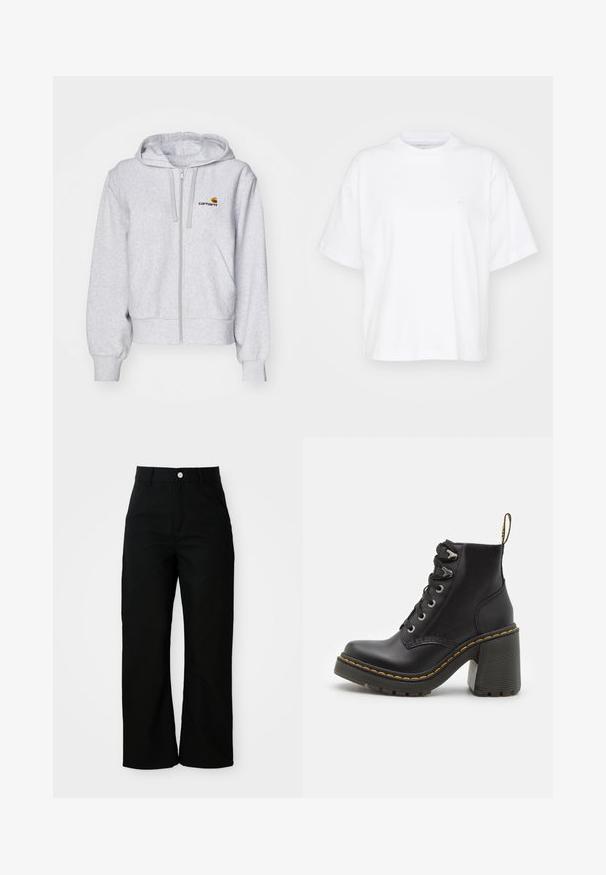 Hellgraue Zip-up Kapuzenjacke aus weichem Stoff, mit lockerer Passform, Fronttaschen und einem kleinen gestickten Logo auf der linken Brust.; Weißes Baumwoll-T-Shirt mit Rundhalsausschnitt, kurzen Ärmeln und lockerer Passform. Verfügt über ein dezentes Logo auf der linken Brustseite. Glatte Textur.; Schwarze, hoch taillierte, gerade geschnittene Hose mit Vordertaschen, Gürtelschlaufen und einem silbernen Knopfverschluss auf weißem Hintergrund.; Schwarze Lederstiefelette mit einem klobigen hohen Absatz, Schnürung vorne, metallischen Ösen und gelben Nähten entlang der Sohle. Strukturierten Gummiaußensohle.