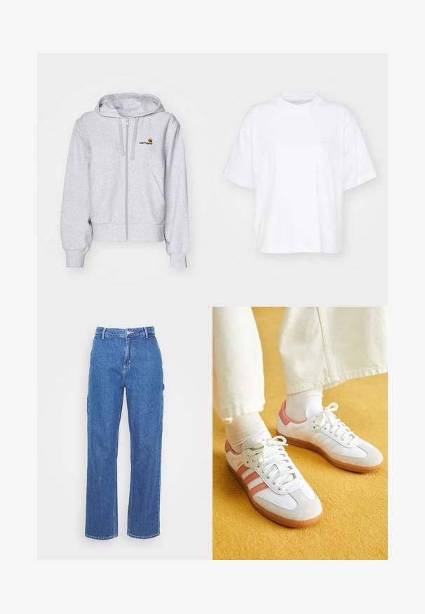 Lys grå zip-up hættetrøje lavet af blødt stof, med en afslappet pasform, forlommer og et lille broderet logo på venstre bryst.; Hvid bomulds t-shirt med rund hals, korte ærmer og en afslappet pasform. Har et diskret logo på venstre brystområde. Glat tekstur.; Blå denim bukser med høj talje og lige ben, der har en frontknaplukning og sidelommer. Glat tekstur uden synlige mønstre.; Hvide sportsko med lyserøde accenter, lavet af ruskind og læder, rund tå og gummisål, vist med lyse sokker på en gul baggrund.