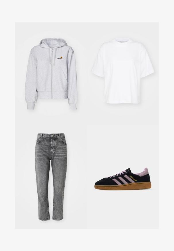 Ανοιχτό γκρι hoodie με φερμουάρ, κατασκευασμένο από μαλακό ύφασμα, με χαλαρή γραμμή, μπροστινές τσέπες και ένα μικρό κεντημένο λογότυπο στο αριστερό στήθος.; Λευκή βαμβακερή μπλούζα με στρογγυλή λαιμόκοψη, κοντά μανίκια και άνετη εφαρμογή. Διαθέτει μια διακριτική λογότυπο στην αριστερή περιοχή του στήθους. Λείος υφή.; Γκρίζα τζιν παντελόνια με ψηλή μέση, ίσια γραμμή, διαθέτοντας μπροστινές τσέπες και μία μικρή μεταλλική λεπτομέρεια στο λάστιχο της μέσης.; Μαύρο και ροζ σουέτ αθλητικό παπούτσι με καουτσούκ σόλα, τρεις ροζ ρίγες, χρυσό λογότυπο "SPEZIAL" και υφή από καουτσούκ. Χαμηλή σχεδίαση.