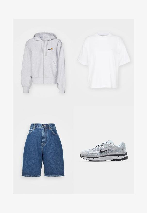 Ανοιχτό γκρι hoodie με φερμουάρ, κατασκευασμένο από μαλακό ύφασμα, με χαλαρή γραμμή, μπροστινές τσέπες και ένα μικρό κεντημένο λογότυπο στο αριστερό στήθος.; Λευκή βαμβακερή μπλούζα με στρογγυλή λαιμόκοψη, κοντά μανίκια και άνετη εφαρμογή. Διαθέτει μια διακριτική λογότυπο στην αριστερή περιοχή του στήθους. Λείος υφή.; Τζιν σορτς σε μέσο μπλε με ψηλή μέση, διαθέτει πέντε τσέπες και ευθεία γραμμή στο πόδι. Παχιά ραφή και τελειωμένο άκρο.; Nike P-6000 παπούτσια με άνω μέρος από ελαφρύ γκρι διχτυωτό υλικό, μαύρες λεπτομέρειες και ανθεκτική μαύρη καουτσούκ σόλα. Διαθέτει περίπλοκο σχέδιο και σύστημα κορδονιών.