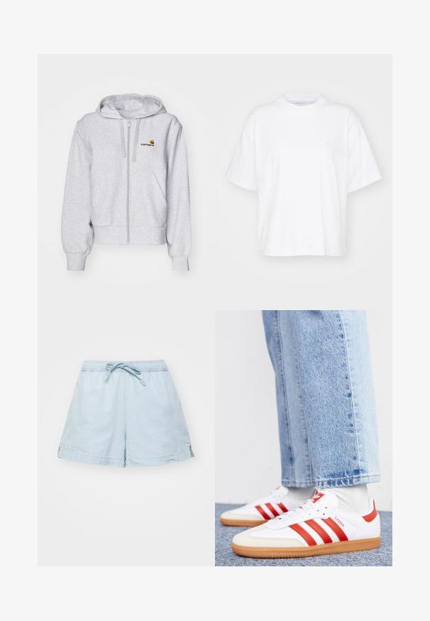 Lichtgrijze zip-up hoodie van zacht materiaal, met een relaxed fit, voorzakken en een klein geborduurd logo op de linkerborst.; Witte katoenen t-shirt met een ronde hals, korte mouwen en een ontspannen pasvorm. Heeft een subtiel logo op het linkerborstgedeelte. Zachte textuur.; Lichtblauwe, lichte shorts met een elastische tailleband en trekkoord. Voorzien van zijzakken en een relaxte pasvorm, gemaakt van zachte stof.; Witte leren sneakers met rode strepen en accenten. Voorzien van een getextureerde gumrubberen outsole en een gevoerde kraag. Draag ze met lichtblauwe denim.
