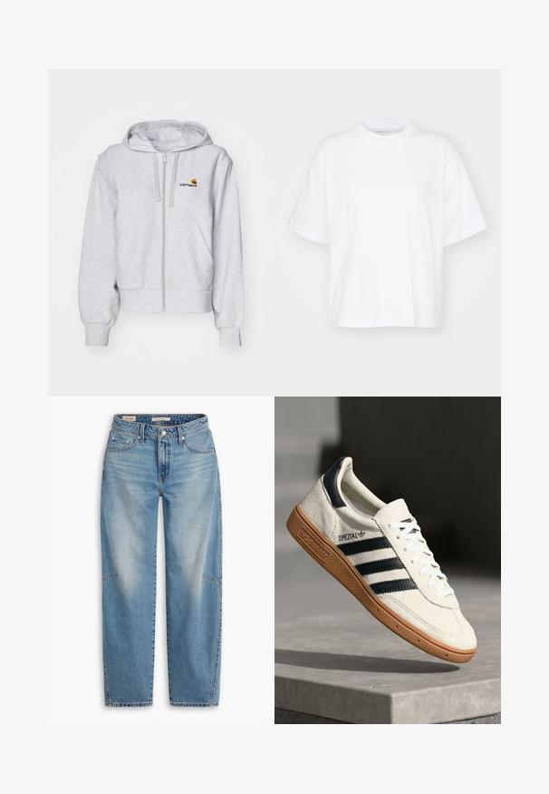 Hellgraue Zip-up Kapuzenjacke aus weichem Stoff, mit lockerer Passform, Fronttaschen und einem kleinen gestickten Logo auf der linken Brust.; Weißes Baumwoll-T-Shirt mit Rundhalsausschnitt, kurzen Ärmeln und lockerer Passform. Verfügt über ein dezentes Logo auf der linken Brustseite. Glatte Textur.; Hellblaue Jeans aus Denim mit lockerem Schnitt, geradem Bein, Knopfleiste und Fünf-Taschen-Stil sowie dezenten Verblassungen und Ziernähten.; Weiße Wildleder-Sneaker mit marineblauen Streifen, Gummisohle, strukturiertem Obermaterial, runder Zehenform und Schnürung; mit Branding an der Seite und auf der Zunge.