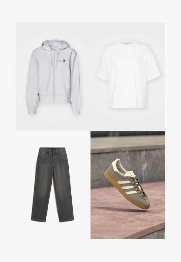 Lichtgrijze zip-up hoodie van zacht materiaal, met een relaxed fit, voorzakken en een klein geborduurd logo op de linkerborst.; Witte katoenen t-shirt met een ronde hals, korte mouwen en een ontspannen pasvorm. Heeft een subtiel logo op het linkerborstgedeelte. Zachte textuur.; Grijze wijde jeans van denim. Heeft vijf zakken, een sluiting met een knoop en ritssluiting aan de voorkant, en subtiele vervaging op de stof.; Lichtbruine suède Adidas sneaker met witte strepen en een rubberen zool, hangend boven roze stenen traptreden buiten.