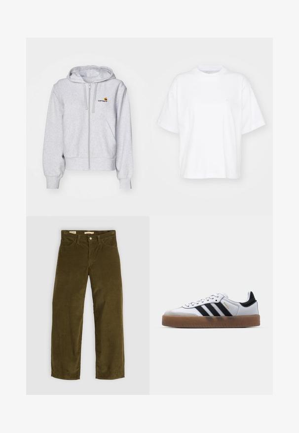 Sudadera con cremallera de color gris claro, fabricada en un tejido suave, con un corte relajado, bolsillos frontales y un pequeño logo bordado en el lado izquierdo del pecho.; Camiseta de algodón blanca con cuello redondo, mangas cortas y un corte relajado. Presenta un logo sutil en el área del pecho izquierdo. Textura suave.; Pantalones de pana verde oliva con un diseño de pierna recta, que cuentan con bolsillos frontales y un cierre de botones, mostrando una textura acanalada vertical.; Zapatillas de cuero blancas con rayas negras, suela de goma, puntera redonda, cierre de cordones y caperuza de ante gris suave.