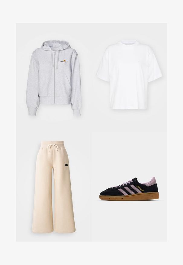 Lys grå zip-up hættetrøje lavet af blødt stof, med en afslappet pasform, forlommer og et lille broderet logo på venstre bryst.; Hvid bomulds t-shirt med rund hals, korte ærmer og en afslappet pasform. Har et diskret logo på venstre brystområde. Glat tekstur.; Beige brede sweatpants lavet af blødt stof, med en elastisk talje med snor og et lille sort logo på siden.; Sort og pink ruskinds-sneakers med gummisål, tre pink striber, gyldent "SPEZIAL" branding og tekstureret gummisål. Lavt design.