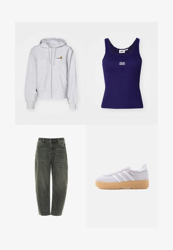Lichtgrijze zip-up hoodie van zacht materiaal, met een relaxed fit, voorzakken en een klein geborduurd logo op de linkerborst.; Navyblauw geribbelde tanktop met mouwloos ontwerp, voorzien van een klein wit geborduurd logo op de borst en een ronde halslijn.; Donkergrijze denim jeans met een relaxte pasvorm, voorzien van vijf zakken, een knoopsluiting en subtiele vervaging aan de voorkant en achterkant.; Witte suède Adidas sneaker met gumzool, drie witte strepen en de tekst "Spezial" aan de zijkant, gezien vanaf de binnenzijde.