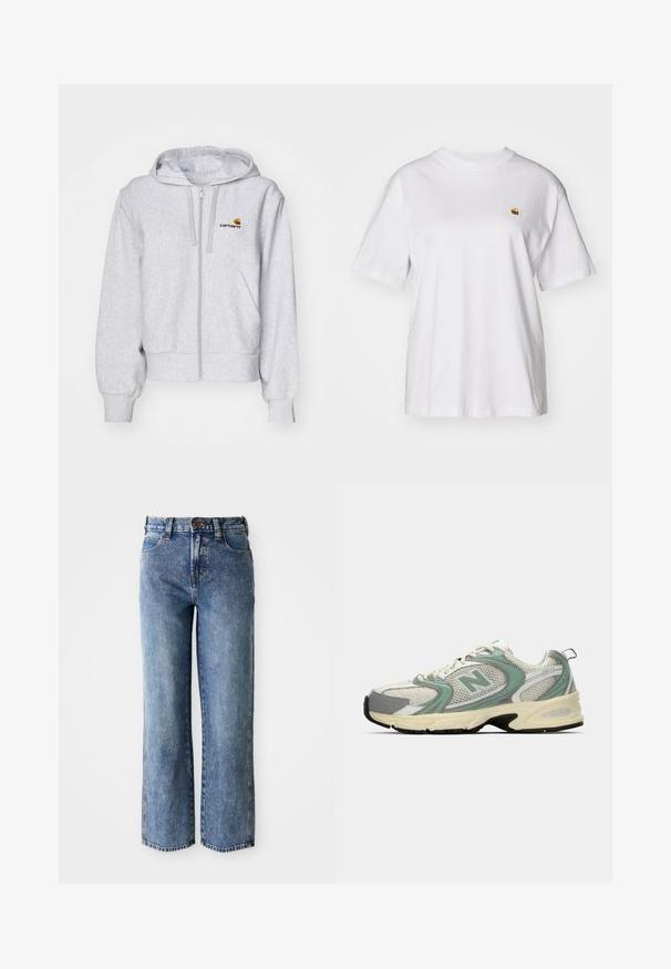 Lichtgrijze zip-up hoodie van zacht materiaal, met een relaxed fit, voorzakken en een klein geborduurd logo op de linkerborst.; Witte katoenen t-shirt met een relaxte pasvorm, korte mouwen en een klein geborduurd logo op de linkerborst.; Hoge taille rechte spijkerbroek van blauw denim met zijzakken, ceintuurlussen en knoopsluiting.; Witte en lichtgroene New Balance sport sneaker met mesh stof, beige zool en zwarte loopzool, zijaanzicht op een effen achtergrond.