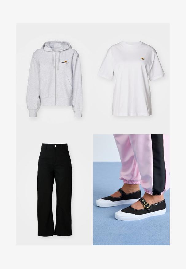 Ανοιχτό γκρι hoodie με φερμουάρ, κατασκευασμένο από μαλακό ύφασμα, με χαλαρή γραμμή, μπροστινές τσέπες και ένα μικρό κεντημένο λογότυπο στο αριστερό στήθος.; Λευκό βαμβακερό μπλουζάκι με χαλαρή εφαρμογή, κοντά μανίκια, και ένα μικρό κεντητό λογότυπο στην αριστερή περιοχή του στήθους.; Μαύρο παντελόνι ψηλής μέσης, ίσιο, με μπροστινές τσέπες, θηλιές ζώνης και ασημένιο κούμπωμα σε λευκό φόντο.; Μαύρα καμβά παπούτσια με λευκή σόλα, με σχέδιο κοπής και χρυσό λουρί. Φορεμένα με ροζ φόρμες.