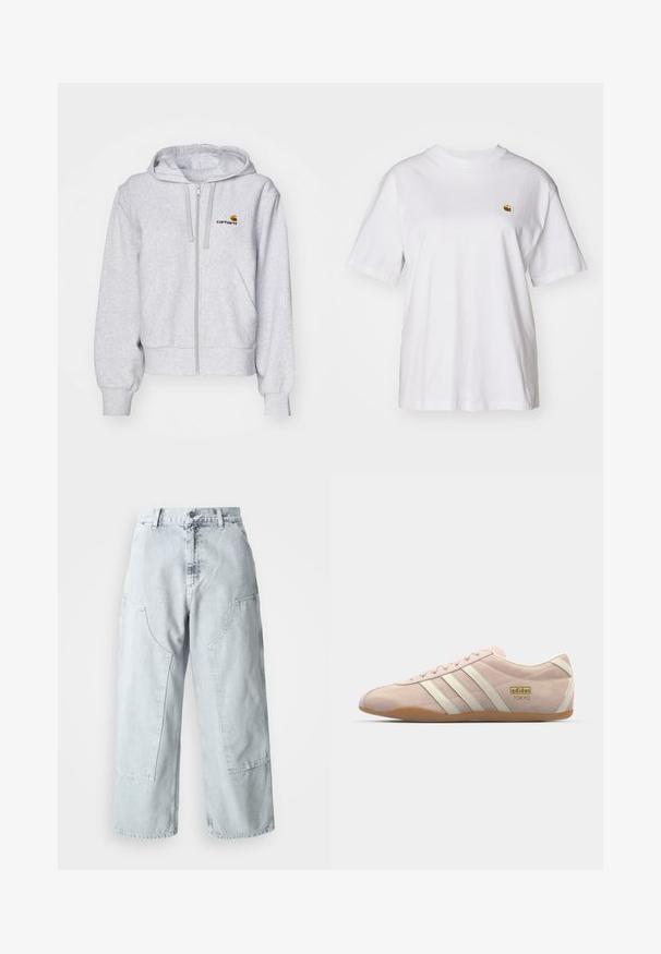 Lys grå zip-up hættetrøje lavet af blødt stof, med en afslappet pasform, forlommer og et lille broderet logo på venstre bryst.; Hvid bomulds-t-shirt med en afslappet pasform, korte ærmer og et lille broderet logo på venstre brystområde.; Lys blå denim bred benbukser med store sidelommer, høj talje og løst fit. Slidte tekstur med en falmet finish.; adidas Originals TOKYO - Sneakers - quartz/off white