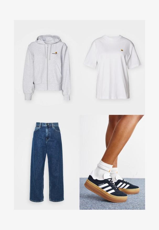 Lichtgrijze zip-up hoodie van zacht materiaal, met een relaxed fit, voorzakken en een klein geborduurd logo op de linkerborst.; Witte katoenen t-shirt met een relaxte pasvorm, korte mouwen en een klein geborduurd logo op de linkerborst.; Lichtblauwe denim wijde broek met hoge taille, zichtbare stiksels en standaard zakken. Voorzien van een knoop- en ritssluiting.; Ben met witte sokken en zwarte Adidas Gazelle sneakers met witte strepen en dikke bruine zolen op een grijs tapijt.