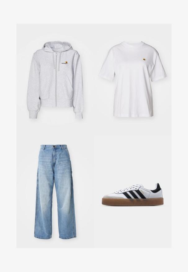 Lys grå zip-up hættetrøje lavet af blødt stof, med en afslappet pasform, forlommer og et lille broderet logo på venstre bryst.; Hvid bomulds-t-shirt med en afslappet pasform, korte ærmer og et lille broderet logo på venstre brystområde.; Lysblå vidde jeans med høj talje, der har sidelommer og en falmet struktur, lavet af denim materiale.; Hvide lædersneakers med sorte striber, gummirubber sål, rund tå, snørelukning og blød grå ruskinds tåhætte.