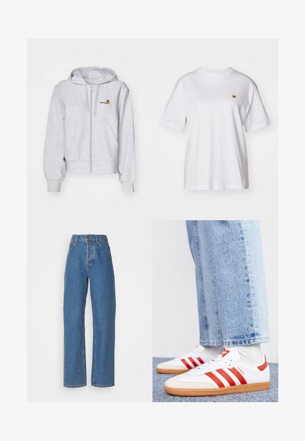 Sudadera con cremallera de color gris claro, fabricada en un tejido suave, con un corte relajado, bolsillos frontales y un pequeño logo bordado en el lado izquierdo del pecho.; Camisa de algodón blanca con corte relajado, mangas cortas y un pequeño logotipo bordado en el área del pecho izquierdo.; Jeans azules de tiro alto y pierna recta con un acabado desgastado. Cuenta con cinco bolsillos, un cierre de botón y detalles de costura sutiles.; Zapatillas de cuero blancas con rayas y detalles rojos. Cuentan con una suela de goma texturizada y un collar acolchado. Llevadas con denim azul claro.