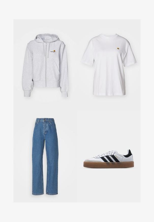 Lichtgrijze zip-up hoodie van zacht materiaal, met een relaxed fit, voorzakken en een klein geborduurd logo op de linkerborst.; Witte katoenen t-shirt met een relaxte pasvorm, korte mouwen en een klein geborduurd logo op de linkerborst.; Hoge taille, rechte blauwjeans met een vervaagde afwerking. Heeft vijf zakken, een knoopsluiting en subtiele stikdetails.; Witte leren sneakers met zwarte strepen, gumrubberen buitenzool, ronde neus, vetersluiting en een zachte grijze suède neuskap.