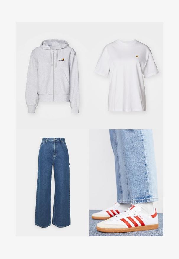 Lys grå zip-up hættetrøje lavet af blødt stof, med en afslappet pasform, forlommer og et lille broderet logo på venstre bryst.; Hvid bomulds-t-shirt med en afslappet pasform, korte ærmer og et lille broderet logo på venstre brystområde.; Bredde ben blå denimbukser med høj talje, kontrastsyede sømme og sidelommer, med et klassisk fem-lomme design og rå kanter.; Hvide lædersneakers med røde striber og accenter. Har en tekstureret gummisål og polstret krave. Bæres med lyseblå denim.