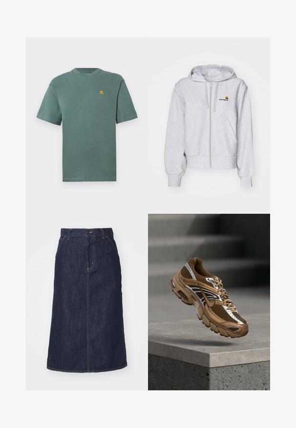 Ανοιχτό γκρι hoodie με φερμουάρ, κατασκευασμένο από μαλακό ύφασμα, με χαλαρή γραμμή, μπροστινές τσέπες και ένα μικρό κεντημένο λογότυπο στο αριστερό στήθος.; Πράσινη βαμβακερή μπλούζα με στρογγυλή λαιμόκοψη και κοντά μανίκια, διαθέτοντας ένα μικρό κίτρινο λογότυπο στην αριστερή πλευρά του στήθους. Μαλακή υφή, casual σχέδιο.; Σκούρα τζιν φούστα με ψηλή μέση, ίσια γραμμή, μπροστινές τσέπες και ραμμένες ραφές. Διαθέτει φερμουάρ και κουμπί στην μέση.; Καφέ και ταμπά αθλητικό παπούτσι Nike με δίχτυ και αντανακλαστικές λεπτομέρειες να αιωρείται πάνω από μια σκυρόδετη άκρη σε θολό γκρι φόντο.