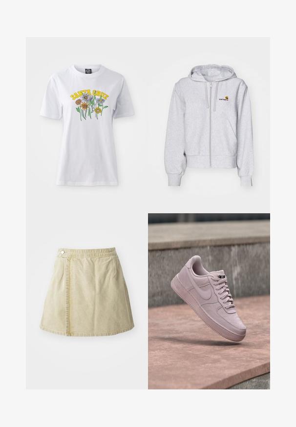 Lys grå zip-up hættetrøje lavet af blødt stof, med en afslappet pasform, forlommer og et lille broderet logo på venstre bryst.; Hvid bomulds T-shirt med et farverigt blomsterdesign og teksten "SANTA CRUZ" i gul, rund halsudskæring, korte ærmer og en afslappet pasform.; Khaki mini nederdel lavet af blødt stof, med lukning på siden, glat tekstur og en let udvidet silhuet med nederkanten over knæet.; Lyserød Nike Air Force 1 sneaker svæver over en betongulv med rosa nuance med en grå stenvæg i baggrunden.