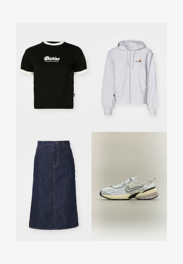 Sudadera con cremallera de color gris claro, fabricada en un tejido suave, con un corte relajado, bolsillos frontales y un pequeño logo bordado en el lado izquierdo del pecho.; Camiseta de algodón negra con cuello y bordes de mangas de canalé blancos. Presenta en la parte frontal un texto de logo blanco: "Dickies Workwear Company". Mangas cortas.; Falda de mezclilla oscura con cintura alta, corte recto, bolsillos delanteros y costuras cosidas. Presenta un cierre de cremallera y botón en la cintura.; Zapatilla Nike blanca y gris con parte superior de malla, logo swoosh negro, entresuela beige y suela negra sobre un fondo claro.