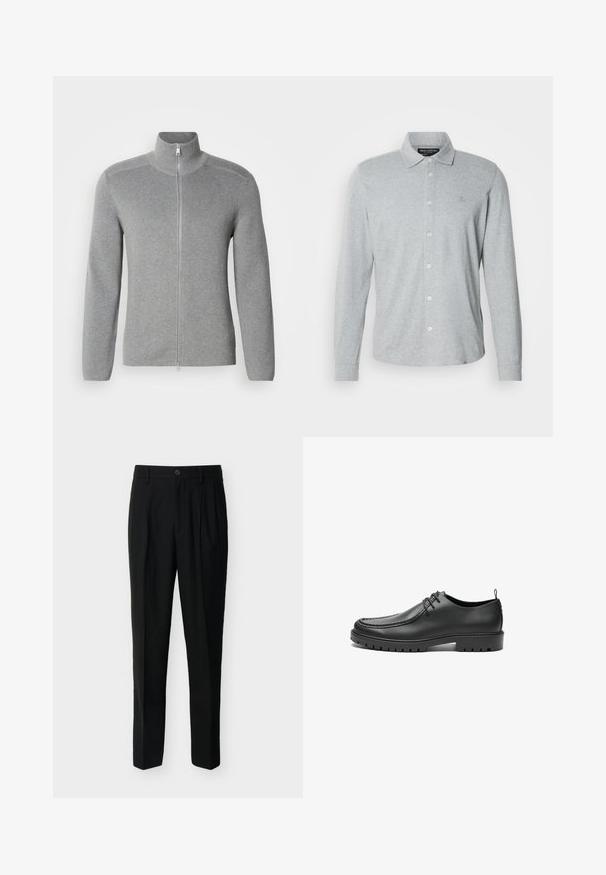 Grå zip-up sweater med høj krave, ribbet tekstur, lange ærmer og lige snit. Har en metal lynlås og subtile stikninger.; Langærmet grå poloshirt lavet af blød bomuld, med knaplukning foran, spidst krave og diskret logo på brystet.; Sorte, skræddersyede bukser med høj talje, bæltestropper, forreste læg, sidelommer samt knap- og lynlåslukning.; Sorte lædersko med en glat overflade, rund tå og dekorativ stikning. Har en gummisål med skridsikre spor og snørebåndsdesign.