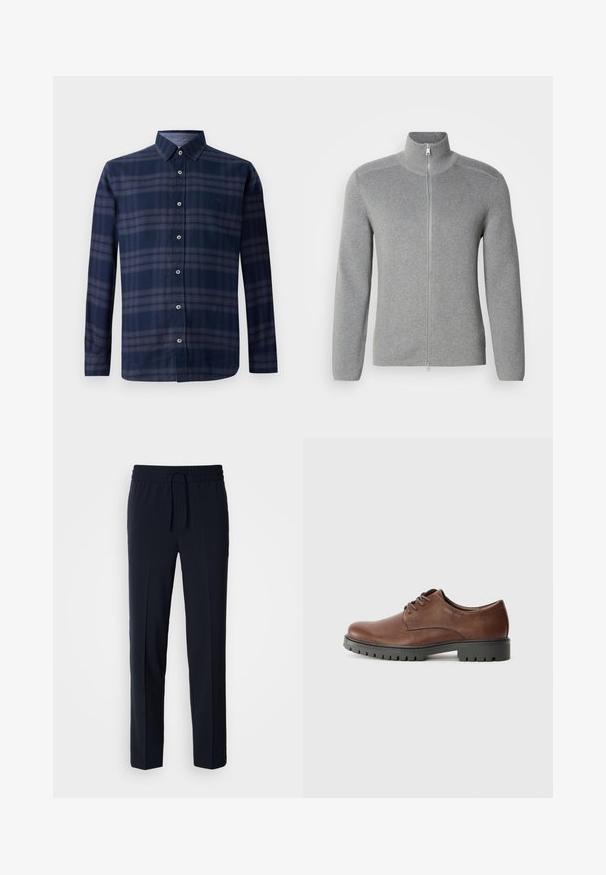 Grå zip-up sweater med høj krave, ribbet tekstur, lange ærmer og lige snit. Har en metal lynlås og subtile stikninger.; Langærmet skjorte i marineblå plaid med knappet front og spids krave, præsenteret mod en hvid baggrund.; Marineblå, letvægtsbukser med elastisk talje og justerbar snor, med lige pasform og glat tekstur.; Brune læder oxford sko med en glat tekstur, rund tå og sål i sort gummi med et mønster. Snører fastgjort foran.