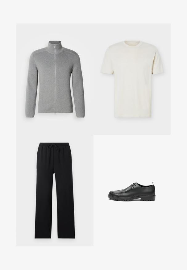 Grå zip-up sweater med høj krave, ribbet tekstur, lange ærmer og lige snit. Har en metal lynlås og subtile stikninger.; Simpel, off-white T-shirt med korte ærmer og rund hals, med diskret logo på venstre bryst, vist mod en hvid flad baggrund.; Sorte løstsiddende bukser med elastisk talje og forreste snor, lige ben, ensfarvet design, vist på en neutral baggrund.; Sorte lædersko med en glat overflade, rund tå og dekorativ stikning. Har en gummisål med skridsikre spor og snørebåndsdesign.