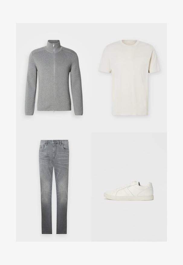 Grå zip-up sweater med høj krave, ribbet tekstur, lange ærmer og lige snit. Har en metal lynlås og subtile stikninger.; Simpel, off-white T-shirt med korte ærmer og rund hals, med diskret logo på venstre bryst, vist mod en hvid flad baggrund.; Grå denim jeans med et falmet design, fem-lommer stil, knaplukning og lige ben. Glat tekstur med let slid ved kanterne.; Lave hvide lædersneakers med snørebånd og flad gummisål, set fra indersiden på en ensfarvet baggrund.