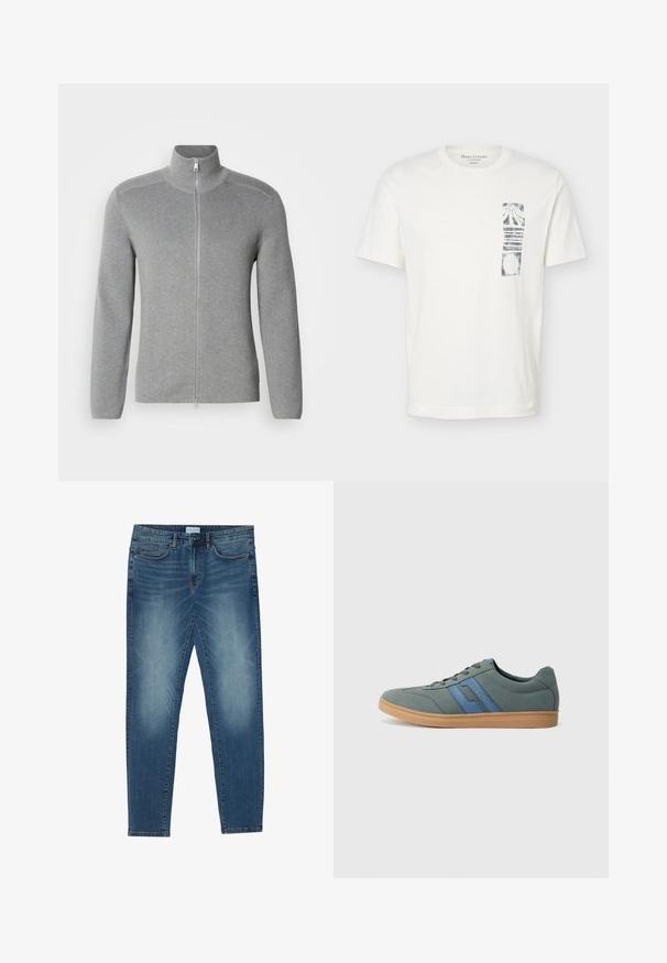 Grå zip-up sweater med høj krave, ribbet tekstur, lange ærmer og lige snit. Har en metal lynlås og subtile stikninger.; Hvid T-shirt med korte ærmer, rund hals og sort abstrakt rektangulært motiv på venstre brystområde.; Denimjeans i midtblå med en falmet vask, fem-lomme design, lige ben pasform og broderede detaljer. Knap- og lynlåslukning.; Lys grøn ruskind sneaker med blå detaljer, flade snørebånd og en beige gummisål. Rund toe og lavprofil design.