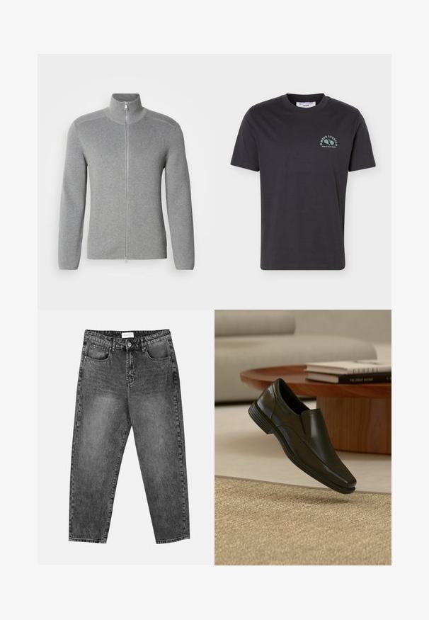 Grå zip-up sweater med høj krave, ribbet tekstur, lange ærmer og lige snit. Har en metal lynlås og subtile stikninger.; Sort kortærmet bomuld T-shirt med lille grønt "MOPD SPORTS MARC O'POLO DENIM" logo og tennisracket grafik på venstre bryst.; Sorte vasket straight-leg jeans med for- og baglommer, bæltestropper og knaplukning i taljen.; Sort slips-på-klædeskost i læder svævende over beige vævet tæppe med rundt træ-sofabord og stabler af bøger i baggrunden.