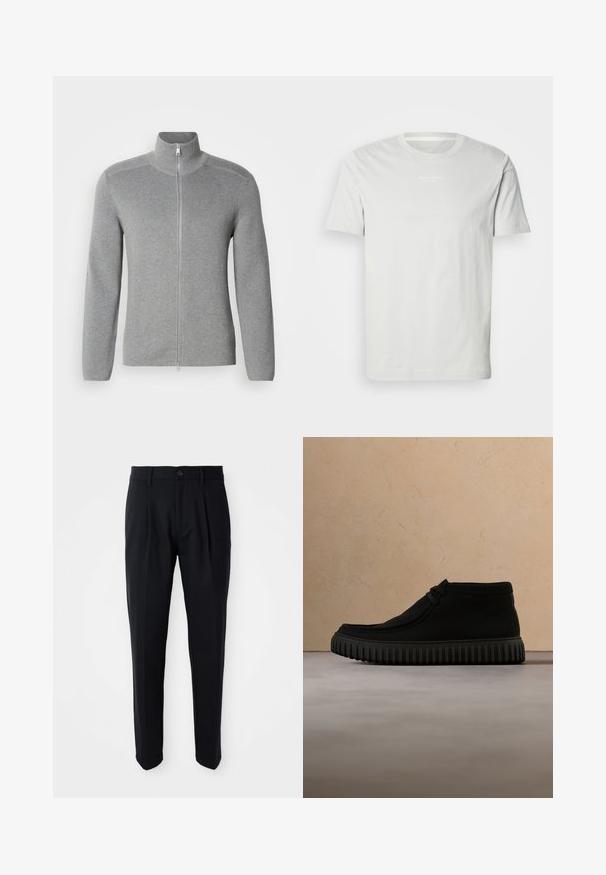 Sweat à fermeture éclair gris avec col montant, texture côtelée, manches longues et coupe droite. Doté d'une fermeture éclair en métal et de détails de couture subtils.; T-shirt en coton blanc à manches courtes, col rond et petit logo sur la poitrine. Texture douce et coupe classique. Pas de motifs.; Pantalons noirs sur mesure avec des plis avant, fermeture à bouton et passants de ceinture, présentés sur un fond blanc.; Bottes de cheville noires en matériau doux, avec un bout rond, un lacet minimal, et une semelle en caoutchouc texturée comportant des rainures verticales.