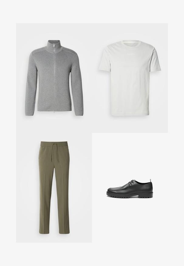 Sweat à fermeture éclair gris avec col montant, texture côtelée, manches longues et coupe droite. Doté d'une fermeture éclair en métal et de détails de couture subtils.; T-shirt en coton blanc à manches courtes, col rond et petit logo sur la poitrine. Texture douce et coupe classique. Pas de motifs.; Pantalons légers couleur vert olive avec une taille élastique et un cordon de serrage réglable ; design à jambe droite et texture lisse.; Chaussures en cuir noir avec une finition lisse, bout arrondi et coutures décoratives. Elles possèdent une semelle en caoutchouc avec des rainures de traction et un laçage.