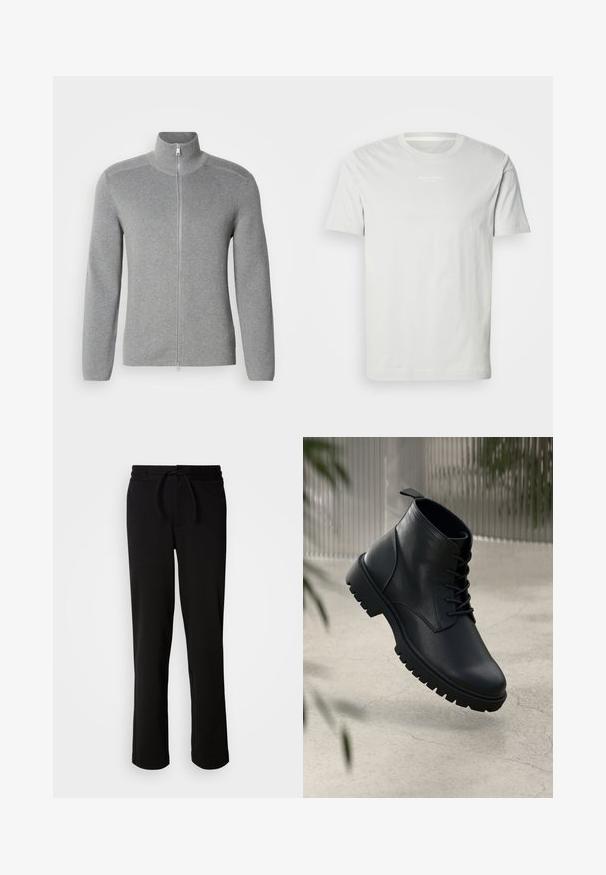 Sudadera gris con cremallera y cuello alto, textura acanalada, mangas largas y corte recto. Presenta una cremallera metálica y sutiles detalles de costura.; Camiseta blanca de algodón con mangas cortas, cuello redondo y un pequeño logo en el pecho. Textura suave y un corte clásico. Sin estampados.; Pantalones de chándal negros con cinturilla ajustable, hechos de tela suave y elástica. Presentan un corte relajado con piernas rectas y sin bolsillos visibles.; Botas de cuero negro hasta el tobillo con punta redondeada, diseño de cordones y suela de goma resistente. Textura suave con una pestaña en la parte posterior.