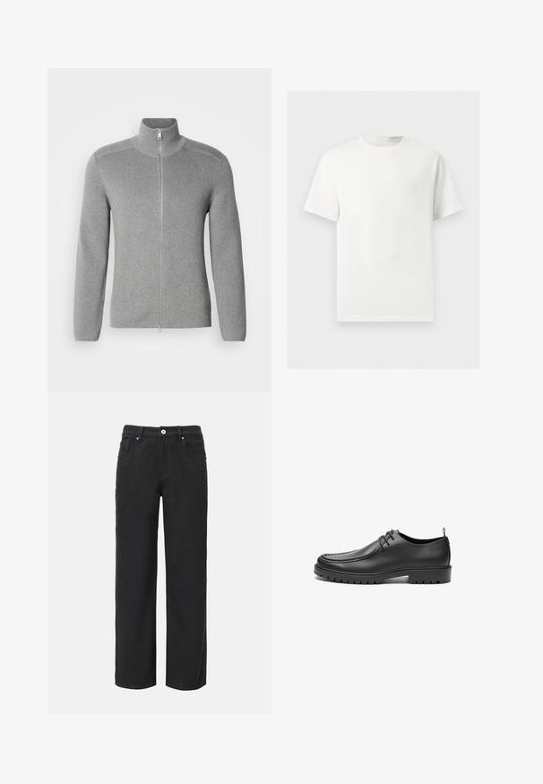 Grå zip-up sweater med høj krave, ribbet tekstur, lange ærmer og lige snit. Har en metal lynlås og subtile stikninger.; Enkelt hvid T-shirt med korte ærmer og rund hals vist på en lysegrå baggrund.; Sorte bukser med vid ben, lavet af bomuld, med fire lommer, frontlukning med knap og et klassisk denimdesign. Glat tekstur, ingen synlige mønstre.; Sorte lædersko med en glat overflade, rund tå og dekorativ stikning. Har en gummisål med skridsikre spor og snørebåndsdesign.