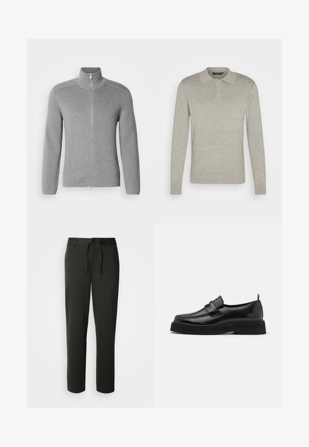 Grå zip-up sweater med høj krave, ribbet tekstur, lange ærmer og lige snit. Har en metal lynlås og subtile stikninger.; Lysegrå polo skjorte med lange ærmer, lavet af blødt stof, med en tre-knaps lukning og ribbede manchetter, samt et klassisk kravedesign.; Mørkegrå sweatpants lavet af en blød bomuldsblanding. Har elastisk talje med snor og sidelommer. Lige ben-design.; Sorte læder loafersko i stil med flad, tekstureret sål, med en syet tå og en rem over vristen.