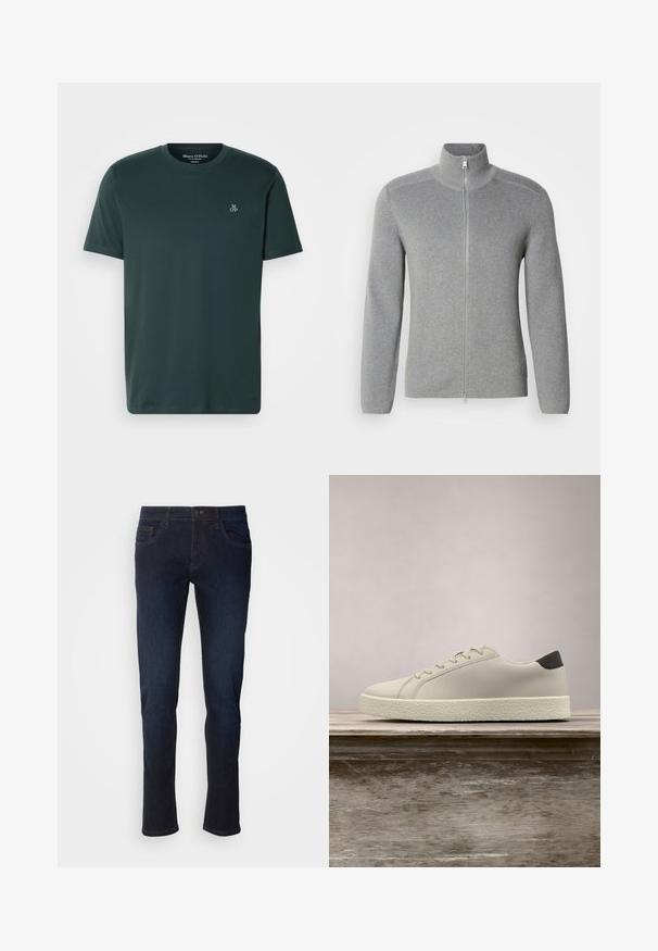 Grauer Reißverschluss-Pullover mit hohem Kragen, gerippter Textur, langen Ärmeln und gerader Schnittführung. Verfügt über einen metallischen Reißverschluss und subtile Nähte.; Dunkelgrünes T-Shirt aus weichem Stoff, mit Rundhalsausschnitt und kurzen Ärmeln. Besticktes Logo auf der linken Brust.; Dunkelblaue Jeans aus Denim mit geradem Bein, ausgestattet mit Fronttaschen, einem Reißverschluss und dezenten Nähdetails.; Weißer Sneaker mit strukturierter Sohle und schwarzem Absatzdetail, schwebend über einer Holzbank mit hohem grünem Gras im Hintergrund.