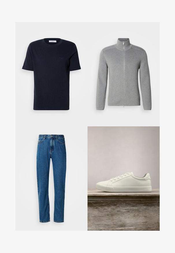 Grå zip-up sweater med høj krave, ribbet tekstur, lange ærmer og lige snit. Har en metal lynlås og subtile stikninger.; Mørkeblå bomuld t-shirt med korte ærmer, rund halsudskæring og lille logo detalje på brystet. Glat tekstur, klassisk pasform.; Blå lige ben denim jeans med fem lommer og frontlukning med knap på en hvid baggrund.; Hvide snørresneakers svævende over en træbænk med grønne planter i baggrunden, der fremhæver skodesign og tekstur.