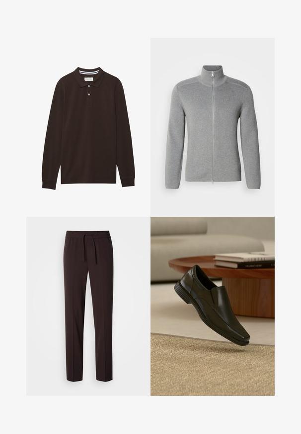 Sudadera gris con cremallera y cuello alto, textura acanalada, mangas largas y corte recto. Presenta una cremallera metálica y sutiles detalles de costura.; Camisa polo de manga larga en algodón marrón oscuro, con cuello, tapeta de tres botones y acentos de rayas blancas. Textura suave.; Pantalones marrones, ligeros y entallados, con cintura elástica y cordón ajustable. Textura suave y diseño minimalista, adecuados para uso casual.; Zapato de vestir negro de cuero tipo mocasín flotando sobre una alfombra tejida beige, con mesa de café redonda de madera y libros apilados al fondo.