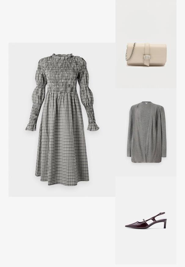 Harmaa neulecardigan, jossa on pitkät hihat, erottuva, ribbikuvio ja löysä istuvuus. Pehmeä kangas, auki oleva etuosa ilman kiinnityksiä.; Valkoinen ja musta gingham-mekko, jossa on smokkikiinnitys, puffattuja pitkiä hihoja, röyhelöhelma ja suora, polvimittainen hame.; Viininpunainen kiiltävä slingback-kenkä, jossa on terävä kärki, matala korko ja kaksoissäädettävät solkinauhat.; Beigenvärinen teksturoidusta nahasta tehty clutch-laukku, jossa on etuosa koristettu hihnalla ja hopeanvärisellä metallisoljella sekä paksu hopeaketjullinen olkahihna.