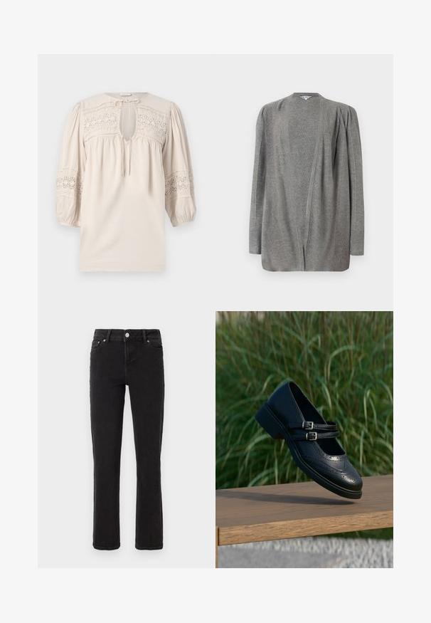 Cárdigan gris de manga larga, con un patrón texturizado de canalé y un corte amplio. Tejido suave, diseño de abertura frontal sin cierres.; Blusa de color beige claro con cuello redondo, mangas abullonadas y detalles de encaje bordado. Presenta una abertura en forma de ojal y tejido texturizado.; Jeans de mezclilla negra con un corte recto, que cuentan con cierre de botón plateado, bolsillos frontales y costuras mínimas. Tejido suave y texturizado.; Zapato Mary Jane negro de cuero con dobles correas con hebillas y detalles brogue, flotando sobre un banco de madera con fondo de césped verde.