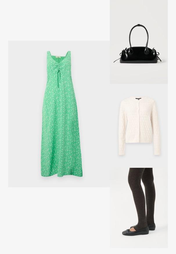 Cardigan tricoté couleur crème avec col rond, manches longues, motif floral texturé et boutons devant sur fond uni.; Robe maxi verte sans manches avec un petit motif floral blanc et un détail froncé noué à l'avant sur la poitrine.; Jambes portant des leggings côtelés foncés associés à des ballerines noires avec de petits détails en nœud sur fond blanc.; Petit sac à main noir brillant avec deux longues anses et des détails à cordon sur les côtés sur un fond clair uni.
