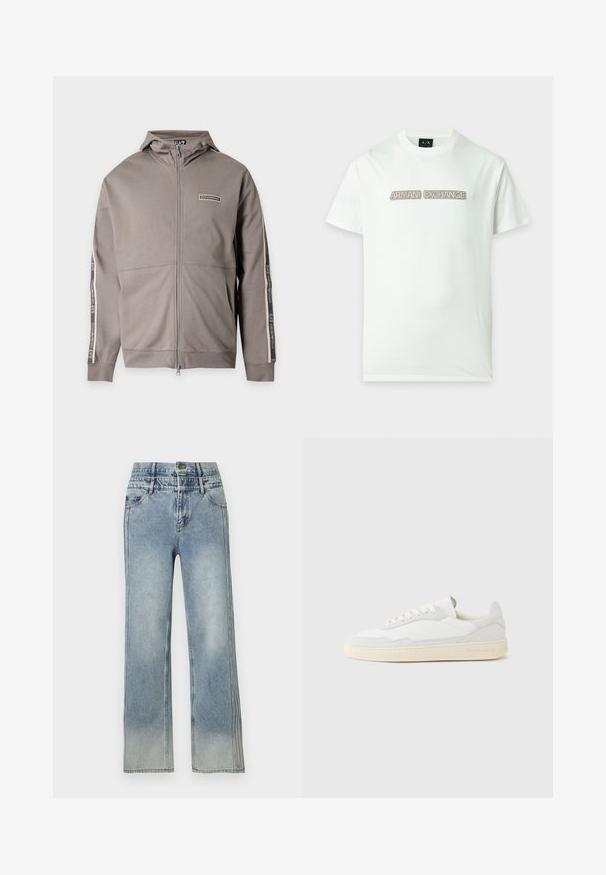 Veste marron clair à capuche avec fermeture éclair intégrale, poches avant et logo EA7 imprimé sur la poitrine et les manches.; T-shirt blanc à manches courtes avec des patches rectangulaires beiges formant "ARMANI EXCHANGE" sur la poitrine.; Jean bleu clair taille haute à jambes droites avec poches avant, fermeture par bouton et zones subtilement délavées sur les cuisses et les jambes.; Baskets blanches avec dessus en daim et cuir texturé. Caractérisées par un bout arrondi, une fermeture à lacets et une semelle en caoutchouc beige contrastante.