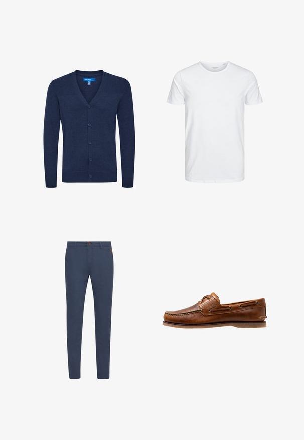 Cárdigan azul marino hecho de tejido de punto con cuello en V, diseño de hombros acanalados, cierre frontal de botones y puños y dobladillo acanalados ajustados.; Camiseta de manga corta y cuello redondo en blanco sólido, fabricada en algodón suave, presenta un diseño simple sin patrones ni acentos visibles.; Pantalones de algodón azul marino con corte slim, con un botón marrón, bolsillos frontales y costuras simples. Textura suave, sin patrones visibles.; Zapato de barco de cuero marrón con acentos de costura, con ojales de metal, una costura elevada en la puntera y una suela de goma plana.