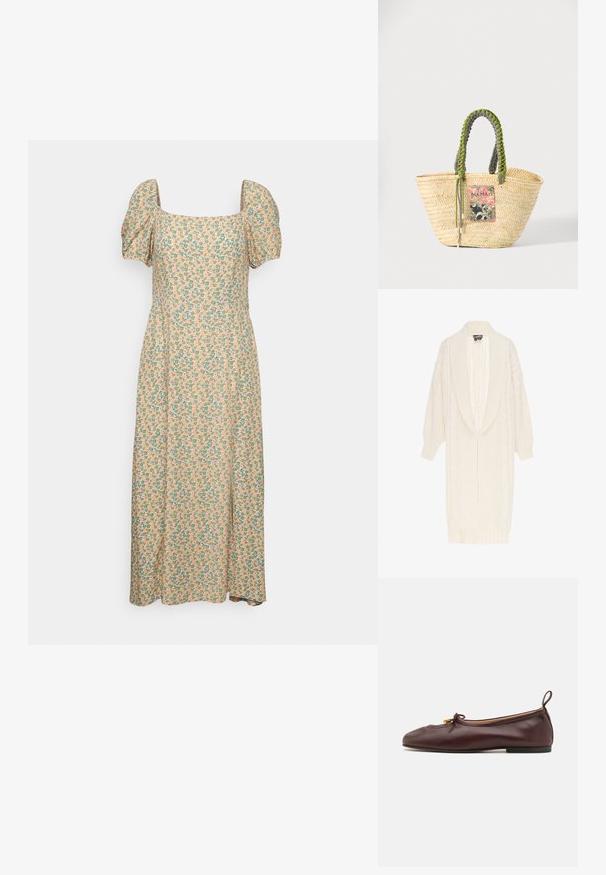 Lange crème kabelgebreide cardigan met brede omslagkraag en geribde manchetten en zoom, met een gestructureerd patroon op de mouwen en voorkant.; Even&Odd by Zalando Jurk - green/pink; ALOHAS ROSALIND BALLET FLATS - Ballerina's - brown; Geweven beige strooien tas met gevlochten groene en zwarte handvatten en een kleurrijke rechthoekige patch aan de voorkant.