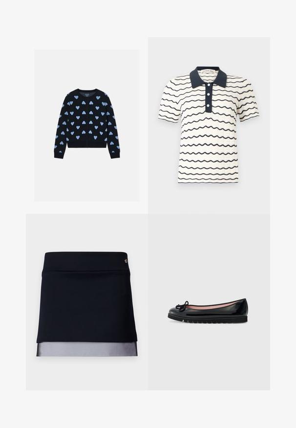 Cardigan noir avec des motifs de cœurs bleu clair, encolure ronde et fermeture boutonnée, avec des poignets et une taille côtelés.; Polo en maille crème à manches courtes avec des rayures ondulées bleu marine, col bleu marine, patte de boutonnage et motif texturé subtil.; Jupe noire avec une taille ajustée et un détail d'ourlet en maille transparente. Le tissu est lisse avec une conception structurée, présentant un petit accent en métal.; Ballerine en cuir verni noir avec un bout rond, détail de nœud sur le dessus, et une semelle en caoutchouc texturé. L'intérieur présente un revêtement rose.