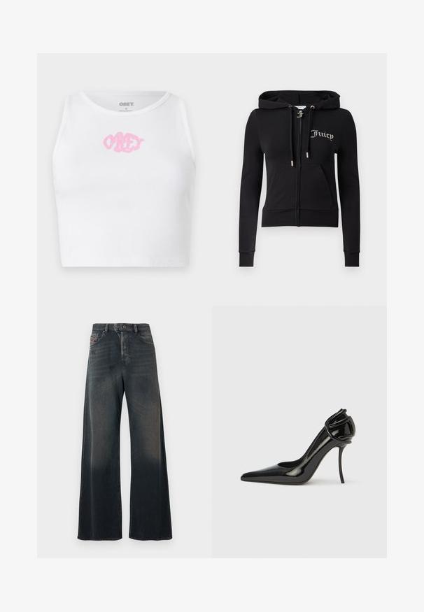 Sort lynlåstrøje med lommer foran, hætte med snøre og tekst "Juicy" lavet af rhinsten på venstre bryst.; Hvid ribbet crop top med et pink "OBEY" logo i midten. Designet med en rund halsudskæring og uden ærmer.; Vidbenede jeans i mørk vaskede denim med en diskret falmet tekstur, der har en knapgylp og baglommer med syningsdetaljer.; Sort laklædersko med høj hæl, spids tå og åben hæl. Har en unik buet detalje ved hælen. Slank og glansfuld finish.