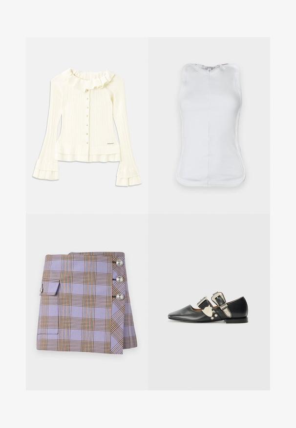 Blusa blanca de canalé con un escote con volantes, mangas largas acampanadas y botones decorativos en la parte delantera; presenta un sutil detalle de logotipo en el dobladillo.; Top blanco sin mangas hecho de material de algodón acanalado, con un diseño ajustado, escote redondeado y costuras visibles a lo largo de los lados.; Rabanne Minifalda - purple/orange/cream/blue; Zapato plano de cuero negro con punta afilada, acentos de hebilla plateada y remaches decorativos. Presenta un tacón bajo y una textura suave.