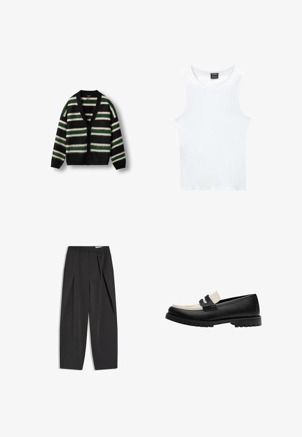 Cardigan noir avec un motif rayé vert et blanc. Fabriqué dans un matériau doux, avec un décolleté en V profond, un bouton de fermeture et des manches longues.; Débardeur blanc sans manches en coton côtelé. Présente un col rond et une texture lisse. L'étiquette indique "PULL&BEAR."; Pantalon noir taille haute, coupé droit, avec pinces et passants de ceinture, présenté à plat sur un fond blanc.; Mocassin en cuir noir et blanc avec semelle en caoutchouc épaisse et détail de bride penny, présenté de profil sur un fond blanc.