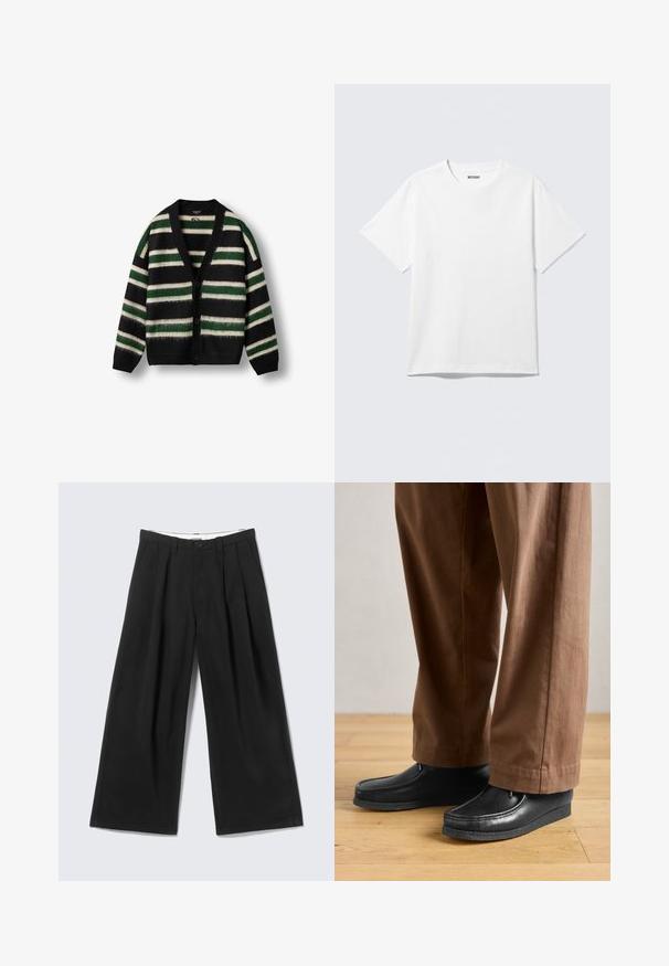 Cárdigan negro con un patrón a rayas en verde y blanco. Hecho de material suave, con un escote en V profundo, cierre de botones y mangas largas.; Camiseta blanca de manga corta con cuello redondo, colocada plana, diseño liso, con etiqueta "WEEKDAY" en el interior del cuello sobre un fondo claro.; Pantalones anchos negros con pliegues, trabillas para cinturón y cierre de botón, mostrados sobre un fondo gris claro.; Zapatos de cuero negros con diseño de mocasín y detalles de costura, combinados con pantalones marrones, sobre un suelo de madera.