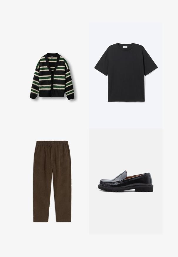 Cardigan noir avec un motif rayé vert et blanc. Fabriqué dans un matériau doux, avec un décolleté en V profond, un bouton de fermeture et des manches longues.; T-shirt noir à manches courtes avec col rond, coupe décontractée, vue de face, design uni et étiquette de la marque Weekday visible à l’intérieur du col.; Pantalon marron texturé avec taille élastique, fermeture par bouton et poches latérales, présenté à plat sur fond blanc.; Mocassin penny en cuir noir avec semelle en caoutchouc épaisse et couture moc toe, montré de profil sur un fond blanc.