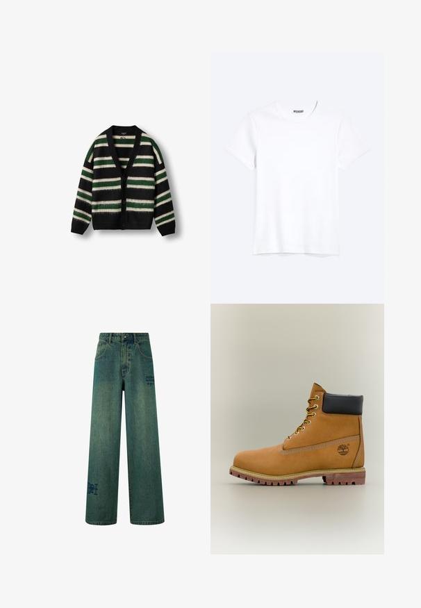 Cárdigan negro con un patrón a rayas en verde y blanco. Hecho de material suave, con un escote en V profundo, cierre de botones y mangas largas.; Camiseta blanca lisa de cuello redondo y manga corta con una etiqueta visible de la marca WEEKDAY en el cuello, mostrada sobre un fondo claro.; Jeans de pierna ancha en denim azul oscuro con una sutil textura desgastada. Con bolsillos traseros y un detalle decorativo de logo.; Bota de tobillo de cuero marrón con cuello negro, cordones amarillos y suela beige. Presenta un logotipo y detalles de costura blanca. Suela exterior con tracción robusta.