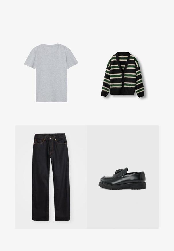 Cardigan noir avec un motif rayé vert et blanc. Fabriqué dans un matériau doux, avec un décolleté en V profond, un bouton de fermeture et des manches longues.; T-shirt gris à manches courtes en mélange de coton doux, avec un col rond classique et une texture lisse et légère.; Jean en denim noir pour hommes, coupe droite, avec cinq poches et surpiqûres orange, fermeture par bouton et zip à la taille avant.; Mocassin en cuir noir avec pampilles, semelle épaisse en caoutchouc et talon bas, présenté de profil sur un fond uni.
